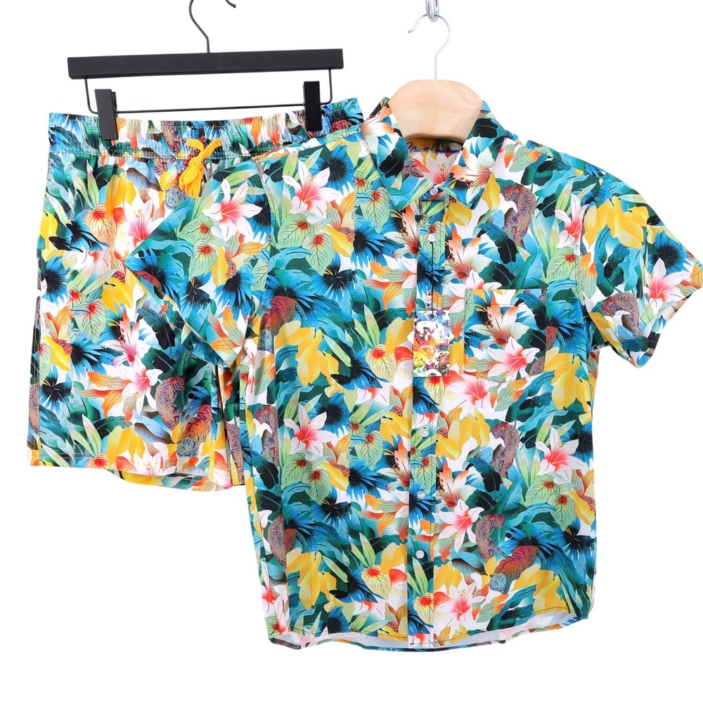 NEW Robert Graham Tiger Lily Tropical Swim Shirt & Trunks‎ Shorts Set Mens Large